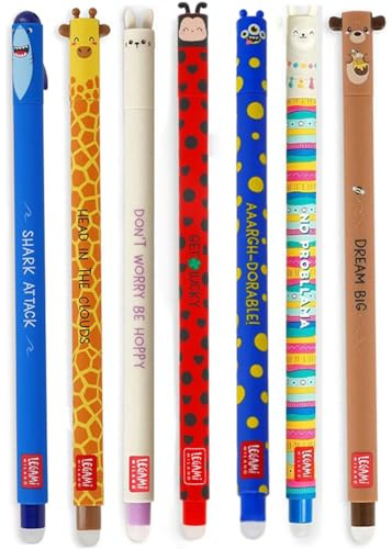 LEGAMI Lot de 7 stylos gel effaçables avec encre thermosensible, en différentes couleurs : coccinelle, lama, bunny, requin, girafe, monstre et ourson pointe de 0,7 mm