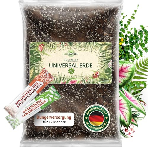 4L Universalerde mit Dünger und Mykorrhiza für 12 Monate Pflegeset - Universal Substrat mit Bodenaktivieren organisch Dünger für Pflanzen, Palmen, Blumen - 8 Komponenten Kübelpflanzenerde