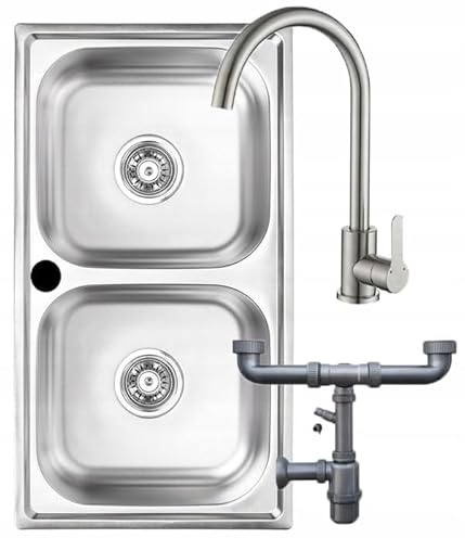 DomoDomo – Spülbecken Küche Edelstahl 78x43 cm – Einbauspüle Edelstahl 2 Becken – Spülbecken mit Armatur Set – Siphon Küche mit Geräteanschluss