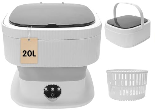Mini machine à laver portable, 20 L, pliable, portable, avec essorage, machine à laver de voyage pliable pour dortoirs, appartement, camping-car et camping (gris)