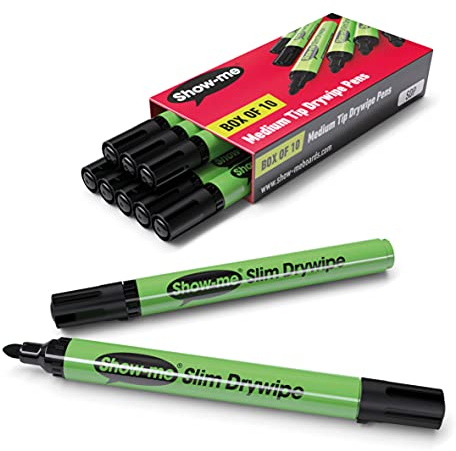 Show-me SDP Medium-Tip Drywipe Whiteboard Pens for Schools and Classrooms– Black (10 Pack of Markers)