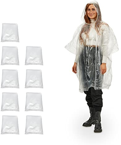 Relaxdays Regenponcho Einweg, 10er Set, Einmal Regencape mit Kapuze, Erwachsene, Notfallponcho Damen & Herren, Farbwahl
