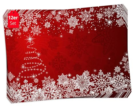 Tischsets I Platzsets Schneekristalle mit Weihnachtsbaum in rot- 12 Stück 44 x 32 cm in Aufbewahrungsmappe - Besondere Tischdekoration für Weihnachten