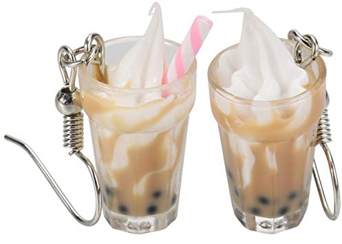 1 Pair Ice Cream Cup Earrings Creative Pearl Milk Tea Cup Dangle Drop Earring Colorful Simulation Glass Bottle Funny Earrings for Girl Jewelry Christmas (Random Style)