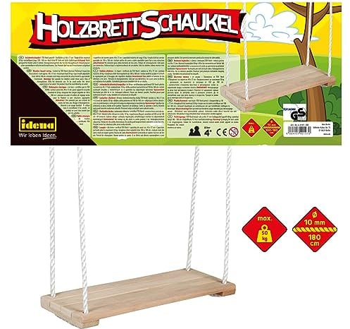 Idena 40197 Balançoire en Bois pour Enfants à partir de 3 Ans, avec Cordes de Maintien réglables et Anneaux en Acier, capacité de Charge jusqu'à 50 kg, pour Un Plaisir de Balancement sans soucis