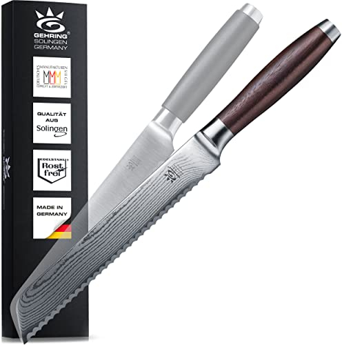 GEHRING SOLINGEN Brotmesser Konfigurator - PREMIUM MYII | Scharfes Profi Küchenmesser |Made in Germany, eisgehärteter Damaststahl VG10 + ergonomischem Nussbaum - Holzgriff | Wellenschliff