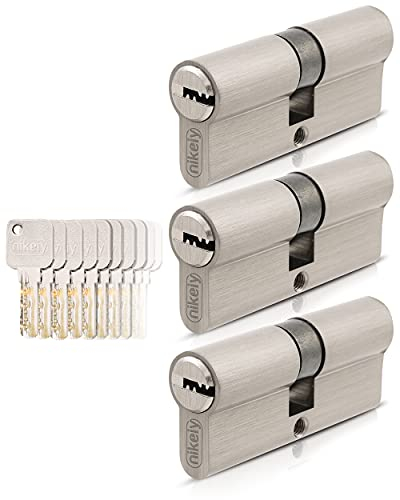 GERCAR Pro 3x Schließzylinder 40/40 gleichschließend Set 3 Profilzylinder inkl. 15 Schlüssel - 80 mm Türschloss Zylinderschloss 3er Zylinder - Länge: 80mm, A:40 B:40 - Messing matt massiv