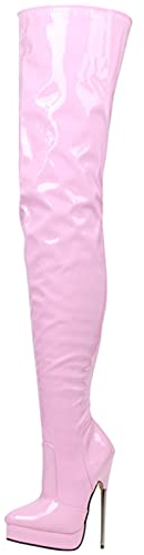 Stivali alti alla coscia da donna 7 Stivali spillo alla moda in pelle verniciata elasticizzata Stivali sopra il ginocchio Stivali con tacco alto Sexy Stripper Club Pole Scarpe da ballo,Rosa,41 EU