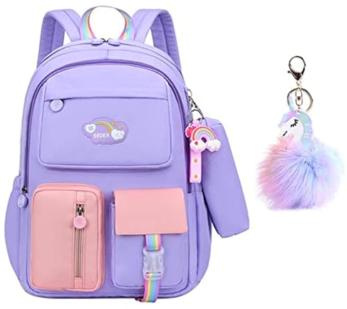 Schulrucksack Rucksack Teenager Mädchen Kinderrucksack Mädchen Reisen Freizeitrucksack Wasserdicht Süßes Muster Campus Backpack Bücher Tasche Rucksäcke Daypacks Schule Bag mit Federmäppchen(Violett)