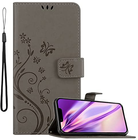 Cadorabo Hülle kompatibel mit Apple iPhone 14 Blumen Design aus Premium Kunst Leder Flip Klappbare Stoßfeste Magnetische [Standfunktion] [Kartenfächern] Cover Hülle für iPhone 14 Tasche in Grau