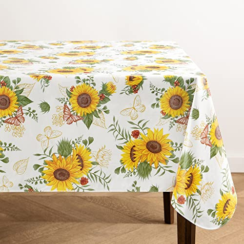 Elrene Home Fashions Sunflower Season Vintage Floral Water- and Stain-Resistant Vinyl Tablecloth with Flannel Backing, 52 Inches X 52 Inches, Square