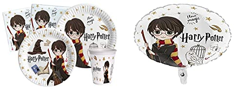 Kit Party Tavola Harry Potter per 8 persone (44 pezzi: 8 piatti Ø23cm, 8 piatti Ø18cm, 8 bicchieri 200ml) in carta compostabile eco-friendly & Harry Potter palloncino foil balloon mylar round