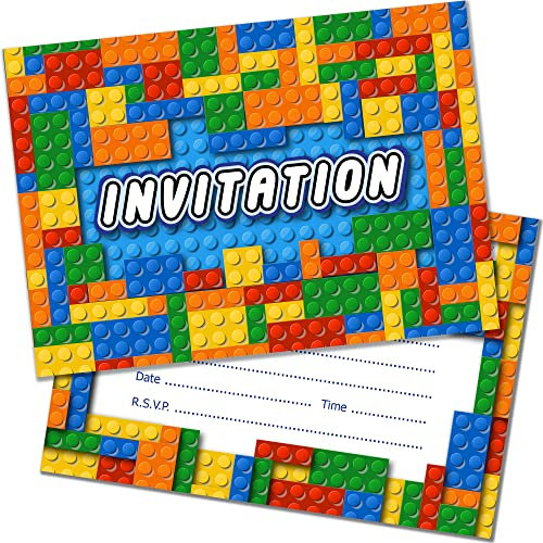 20 x Building Block Kids Birthday Invitations - A6 Double Sided Cards with Envelopes. Designed and Printed on the UK