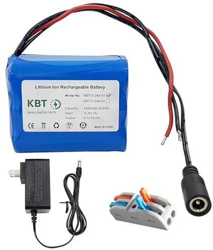 KBT 12V 2400mAh Rechargeable Li-ion Battery, Bare Leads Wire Replacement Battery Pack with Charger Compatible with 12V Devices RC Car, Boat, Robot, DIY, LED Light Strip, CCTV Camera