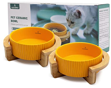 Cuenco de Cerámica para Gato, Pack de 2, Base de Madera de Bambú, 400 mL, Amarillo