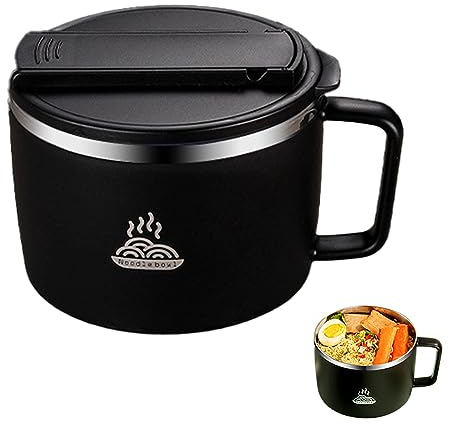 Instant-Nudeln Schüssel, 1300ml Edelstahl Ramen Schüssel Mit Deckel, Tragbare Auslaufsicher Versiegelt Ramen Schüssel Mit Klapplöffel Und Essstäbchen, Wärmeisolierend (Schwarz)