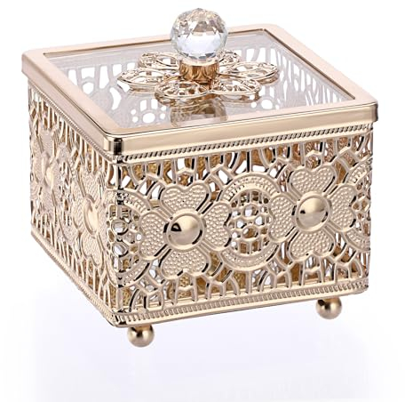 SUMTree Metal JewelrJy Box Trinket Organizer with Lid for Earrings Rings Jewelry Trinkets, Square Vintage Box for Birthday, Wedding, Mothers Days Gifts, 10 * 10 * 8.5cm (Gold)
