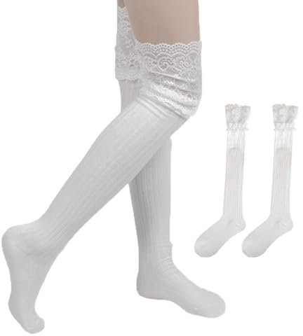 SCJJZ Stulpen für Damen,Damen lange Kniestrümpfe, Spitze Spitze gestapelt Socken kniehohe Mid-Calf Socken Baumwolle Halbsocken,weiß