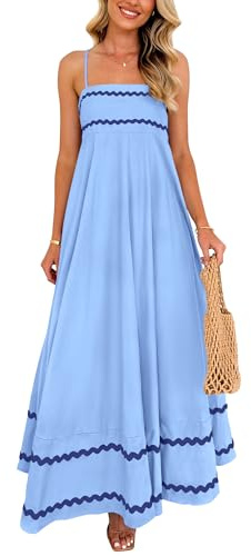 PRETTYGARDEN Women's 2025 Summer Flowy Maxi Dress Casual Sleeveless Spaghetti Strap Ruffle Beach Long Dresses (Light Blue,Small)