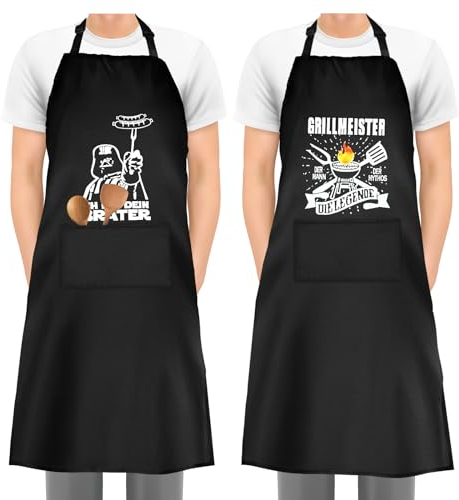 GOTRUST 2PCS Tablier Cuisine Homme, Tablier Barbecue Noir Imperméable, Tabliers Personnalisé BBQ, Chef Tablier Réglable avec 2 Poches pour Papa, Mari, Grand-père, Copain