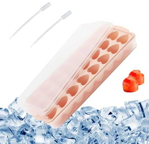 RYAN Eiswürfelform Herz,24 Fächer Eiswürfelform,Eiswürfelform Silikon mit Deckel,Silikonform Eiswürfel Geeignet Für Bier,Getränke,Whiskey,Cocktails und Schokolade mit 2 Stücke Tropfer