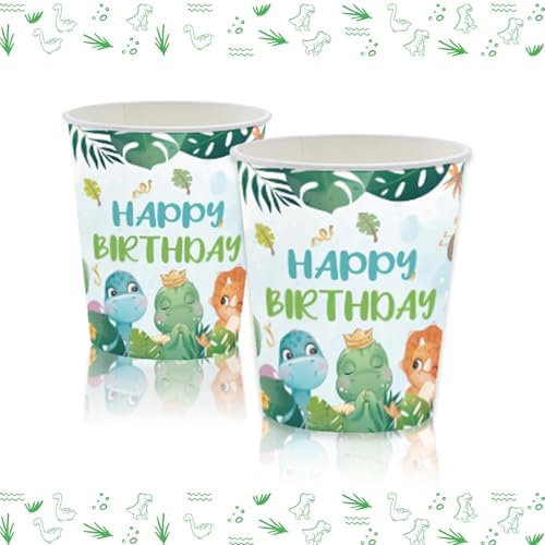 POPOYU 16Pcs Green Dinosaur Paper Cups, Dinosaur Birthday Party Tableware, Kids Boys Birthday Party Supplies
