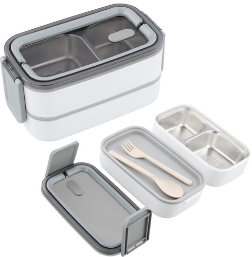 Premium Edelstahl Bento Lunchbox – 2 Etagen mit Fächern,BPA-freie,Brotbox Erwachsen,Umweltfreundliche Edelstahl 304 Brotdose,Auslaufsicher,Mikrowellengeeignet – Für Kinder & Erwachsene (Weiß)