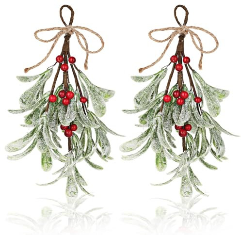 TIESOME Decorazione natalizia a forma di vischio, 2 pezzi, rami di vischio, decorazione da appendere con glitter, per albero di Natale, foglie secche, decorazione da appendere per porta dell'albero