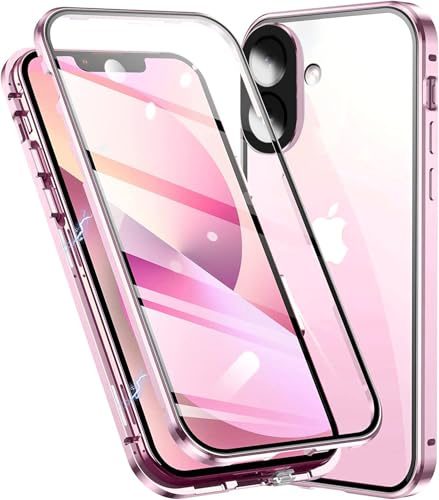 OMGZONE Magnetic Case for iPhone 16 Full Body Cover,Screen Protector built-in Transparent Tempered Glass and Camera Protector,360 Degree Metal Bumper Case for iPhone 16,Clear Pink