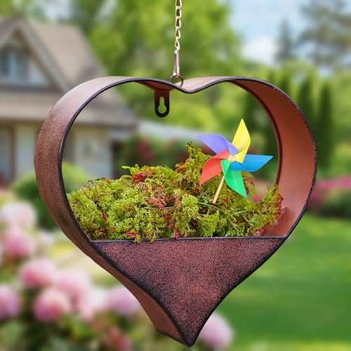 XIEXIESHER Metall Herzform Blumentopf, Hängend Gartendeko für Draußen, mit Haken Kette und Ablaufloch, für Garten Balkon Draussen Pflanzentopf Deko, Geschenke für Mutter, Frauen(Braun)