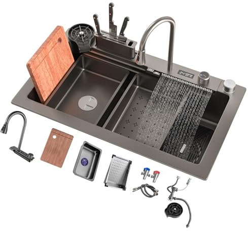 Fregadero de Cocina en Cascada Negro 80x45cm - Sobre Encimera Inoxidable Multifuncional 1 Seno Con Grifo y Varios Accesorios