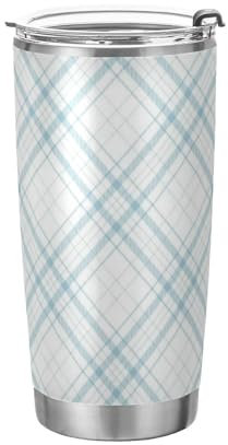 Blue and White Checkered Pattern Stainless Steel reusable coffee cups with lids with Lid and Straw travel coffee mug spill proof for camping simple 20oz coffee tumbler botellas térmicas para
