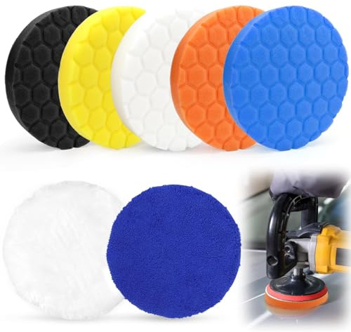 NCTNCX Polierschwamm 7 Stück, Polierpads 150mm, Waben Polieren Schwämme Klett Set, Polierschaum für Akkuschrauber für Exzenter Poliermaschine Schleifmaschine (7)