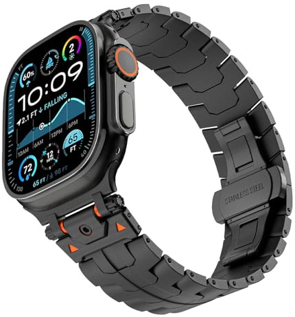 FKMBD Stainless Steel Watch Strap Explore Iron-Man Metal Band For Apple Watch Band S10 46mm S10 42mm Ultra 49mm 45mm 44mm Watchbands(Black,49mm)