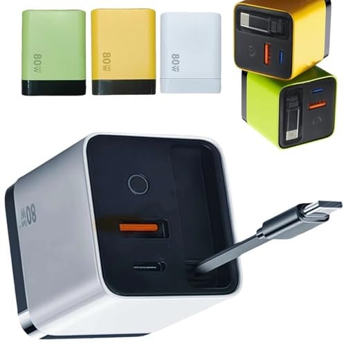 3 in 1 GaN Charger, Scalable 80W Max Fast Charging Module with Retractable Type-C Cable & 2 USB Ports, Compatible with iPhone, Android, Smartphones, Tablets & Laptops, Charge 3 Devices Simultaneously