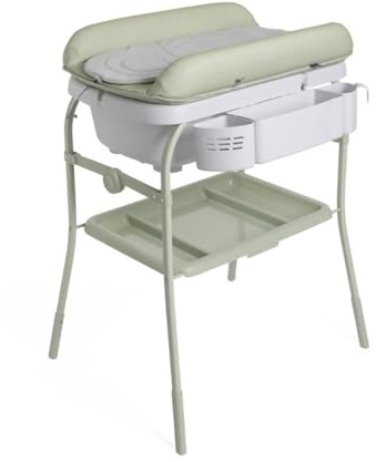 Chicco Cuddle & Bubble Ergonomische Babywanne mit Ständer und Wickeltisch mit Auflage und Weichem Reduzierkissen, Höhenverstellbar, Kompakte Schließung, max. 11 kg, Grau und grün