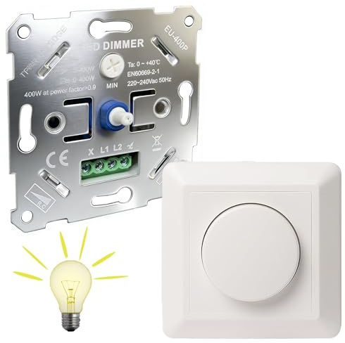 HOSSOM Dimmer für led lampen,LED Dimmer Schalter, Drehdimmer Unterputz Dimmschalter für Dimmbare LEDs/Halogen 5-400W, LED Dimmer 230V, inkl. Dimmer, Weiße Abdeckplatte, Ohne Klemmkrallen