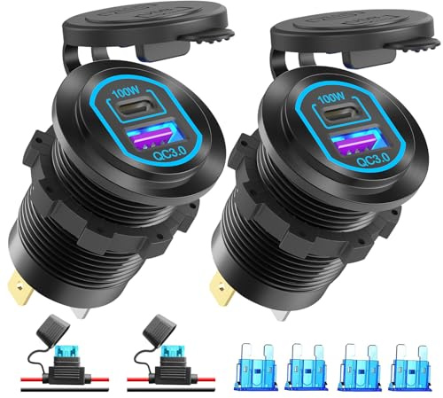Confezione da 2 Presa USB C 12Volt Porta USB PD 100W per laptop e presa caricatore auto QC3.0 18W Lega di alluminio, carica rapida Montaggio incassato Sostituzione accendisigari Accessorio fai da te