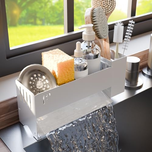 Porte Eponge Evier Cuisine, Support Eponge avec Fonction Egouttoir, Organisateur Evier Cuisine avec Compartiments Ajustables & Porte-Brosses, Rangement Evier en Acier Carbone，Blanc