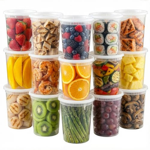 Femora 24 Sets Plastic Deli Containers - Reusable Leak Proof Dishwasher and Microwave Safe BPA Free Meal Prep Container（32OZ）