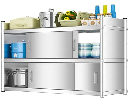 Edelstahl-Aufbewahrungsschrank mit 2/3 Regalböden, Wandmontage, mit Schiebetüren, Metall-Werkzeugaufbewahrungseinheit für Garage, Büro und Zuhause (90 x 30 x 76 cm)