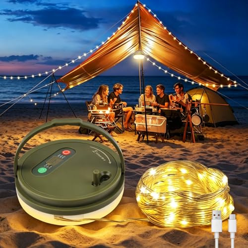 Aufrollbare Camping Lichterkette 10m - 1800mAh Wiederaufladbar, 8 Beleuchtungsmodi, Wasserdichte LED Lichterkette für Camping, Hof, Garten & Außenbereich