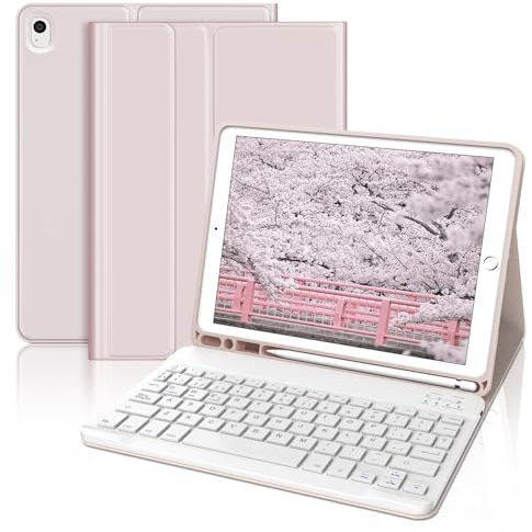 Funda con Teclado para iPad 9a Generación 10.2, Teclado Bluetooth Desmontable con Funda y Portalápices para iPad 9a Gen 2021/8a Gen 2020/7a Gen 2019/iPad Pro 10.5 2017 y iPad Air 3 2019-Rosa