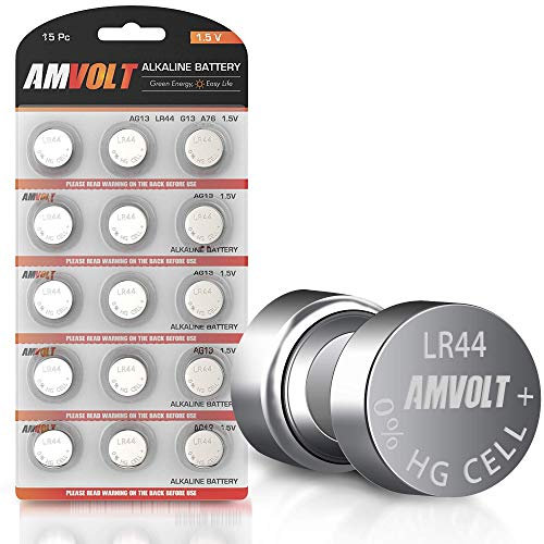 AmVolt LR44 AG13 Battery - [Ultra Power] Premium Alkaline 1.5 Volt Non Rechargeable Round Button Cell Batteries for Watches Clocks Remotes Games Controllers Toys & Electronic Devices (15 Pack)