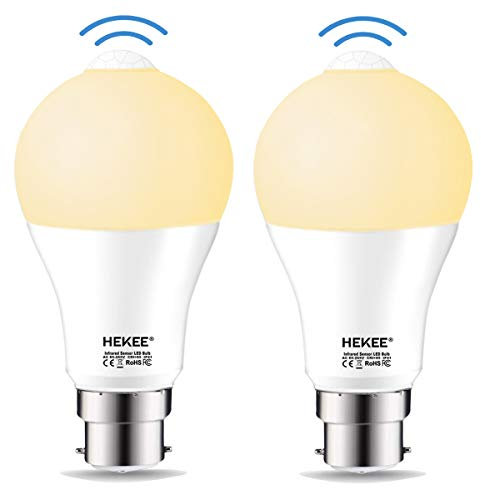 HEKEE PIR Motion Sensor Light Bulb 9W B22, A60 Bayonet Cap Warm White 2700K, Equivalent 60w Incandescent (2 Pack)