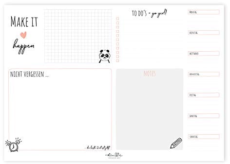 Him & I® - Schreibtischunterlage make it happen - Schreibunterlage aus Papier zum Abreißen, 50 Blatt, Malunterlage, To-Do-Liste, Wochenplaner