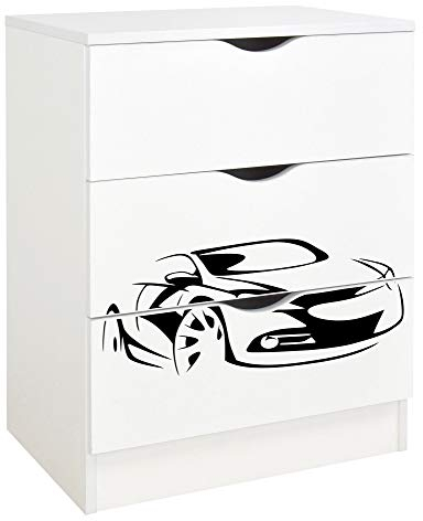 Leomark Weiß Kommode mit 3 Schubladen für Kinder - Roma - Möbel für Kinderzimmer aus Holz, Schlafzimmer-Möbel, Skandinavischer Stil, Dim: 60x42x78 (Höhe) cm (Super Car)