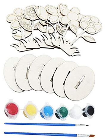 Amosfun Holzscheiben zum Basteln DIY Holzblumen zum Bemalen Kinder Bastelset 6pcs Blumen Holz Aufsteller Mit 2pcs Pinsel Farbe Tischdeko Osterdeko Frühlingsdeko Desktop Ornamente Dekoration
