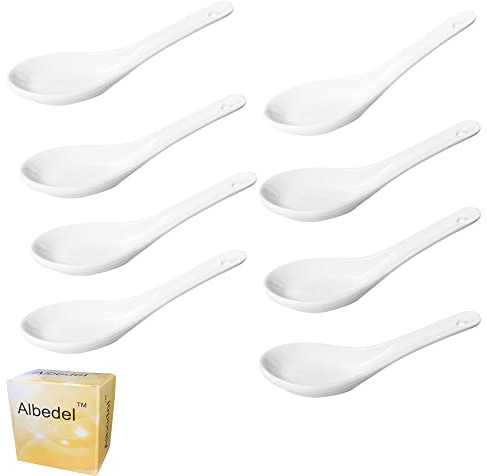 Albedel 8 pcs Asia Porcelain Soup Spoon Ceramic Rice Spoons Chinese Won Ton Spoons for Home Kitchen Restaurant White