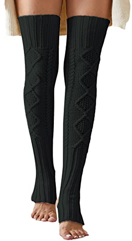 Leoparts Damen Extra Lange Steigbügel Beinstulpen Winter Gestrickt Über Knie Oberschenkel Hohe Fußlose Socken, Schwarz, Einheitsgröße